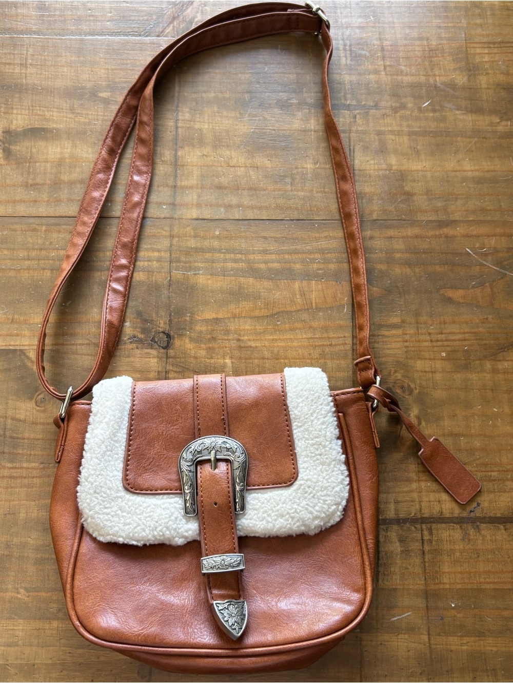 VTG MUDD Brown Faux Leather Boho Crossbody-Sherpa-Western Buckle-Floral Lining
